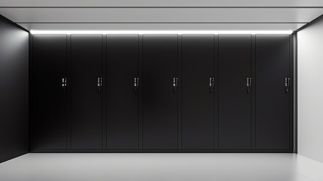 A minimalist server room with sleek black server racks, LED indicators, and optimal lighting, set against a white, modern background with ample copy space
