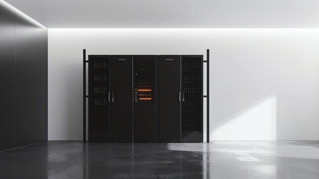 A minimalist server room with sleek black server racks, LED indicators, and optimal lighting, set against a white, modern background with ample copy space