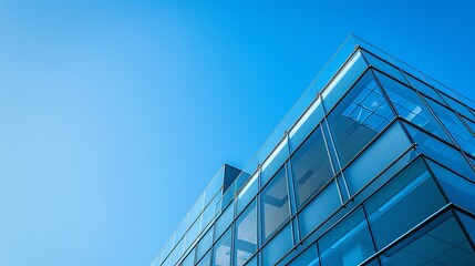 Obraz premium A modern office building with sleek glass architecture, set against a bright blue sky, highlighting contemporary design and corporate environment