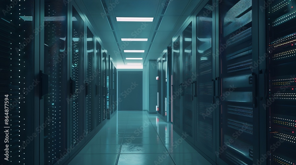 Poster Inside Large Data Center Advanced Cloud Computing Concept Corridor with Server Racks and Cabinets full of Hard Drives : Generative AI