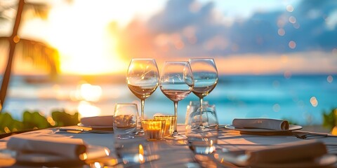 Upscale beachfront dining experience with ocean views and gourmet cuisine. Concept Beachfront Dining, Ocean Views, Gourmet Cuisine, Upscale Experience