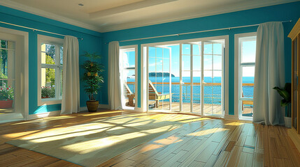 A luxurious living room interior with modern furnishings, large windows, and minimalist decor, creating a spacious and inviting environment perfect for relaxation and socializing.