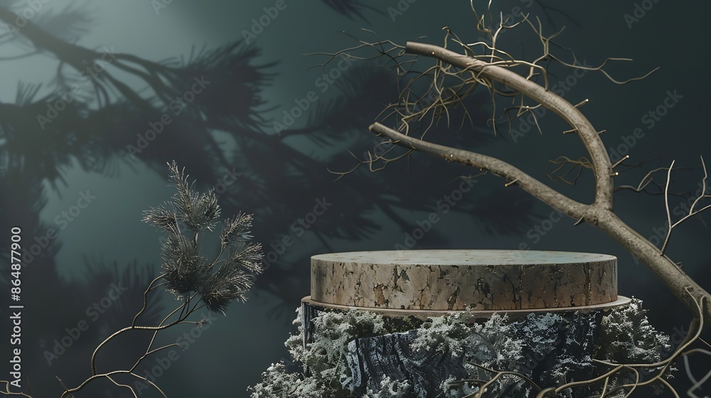 Poster abstract north nature scene with a composition of lichen pine branches and dry snags place your prod