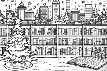 Cartoon city library with a Christmas story time, outlined for coloring, on a white background.
