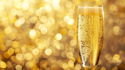 A closeup of a champagne glass with delicate bubbles rising, set against a blurred golden background, emphasizing luxury and celebration
