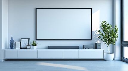 Fototapeta premium A modern living room with stylish furnishings, large windows, and minimalist decor, creating a spacious and comfortable environment perfect for relaxation and socializing.