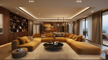 A luxurious living room interior with modern furnishings, large windows, and minimalist decor, creating a spacious and inviting environment perfect for relaxation and socializing.