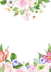 watercolor summer flowers frame, botanical border, watercolor floral template. Garden rose flowers invitation. Border frame banner. template with arrangement flower and leaves