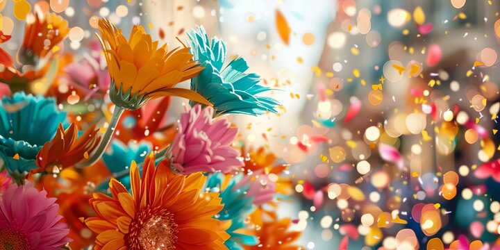 Illustrate a whimsical parade float decorated with colorful flowers and festive characters focus on, selective focus, whimsical, double exposure, city street