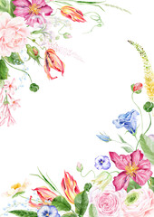 watercolor summer flowers frame, botanical border, watercolor floral template. Garden rose flowers invitation. Border frame banner. template with arrangement flower and leaves