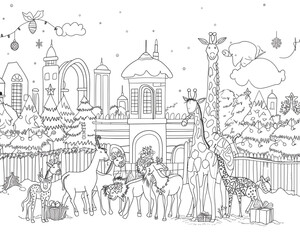 Obraz premium Cartoon city zoo with animals celebrating Christmas, outlined for coloring, on a white background.