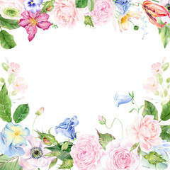 watercolor summer flowers frame, botanical border, watercolor floral template. Garden rose flowers invitation. Border frame banner. template with arrangement flower and leaves