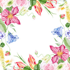 watercolor summer flowers frame, botanical border, watercolor floral template. Garden rose flowers invitation. Border frame banner. template with arrangement flower and leaves