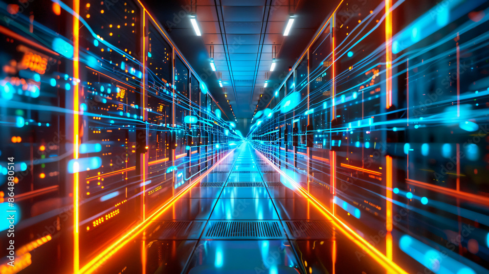 Poster a visual of a secure server room with glowing data cables and encrypted data transfers, highlighting
