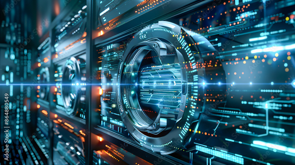 Poster a futuristic visual of a digital vault with multiple layers of security, representing the concept of