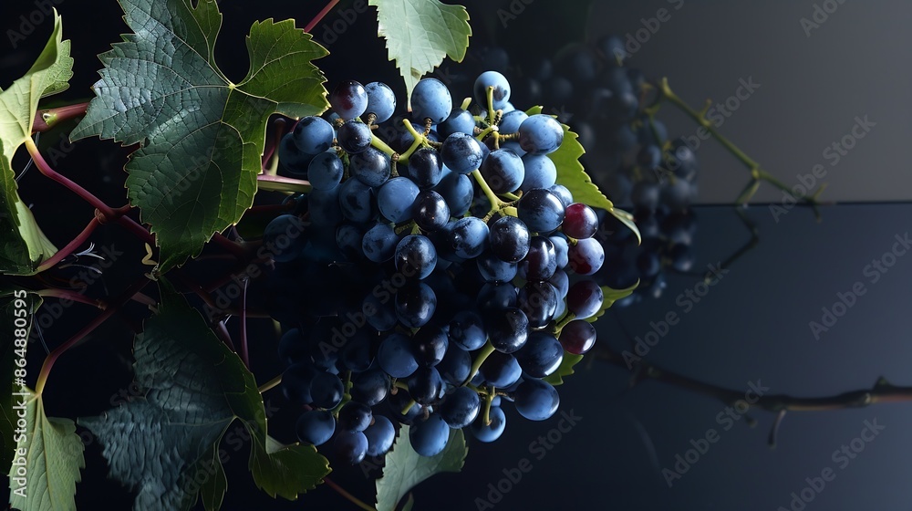 Poster blue grapes and vine branches on a black reflective background copy space : generative ai