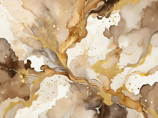 Abstract Art watercolor and Alcohol ink flow blot painting Color marble texture background. Beige, brown and Gold glitter.