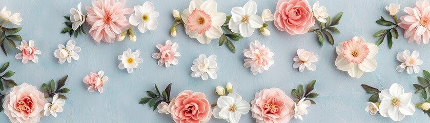 Spring floral frame, pastel colors, daffodils and cherry blossoms, soft and fresh