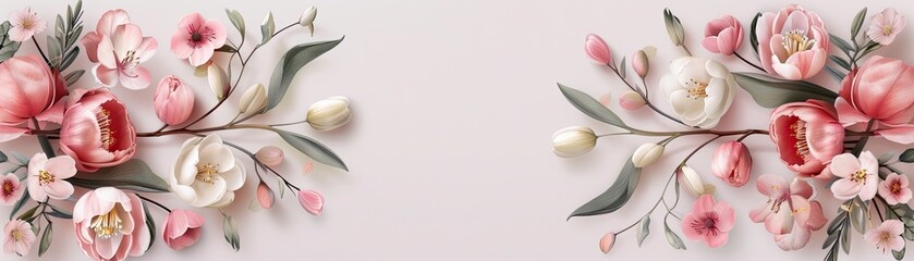 Spring floral border, pastel colors, cherry blossoms and tulips, gentle and fresh