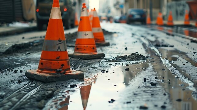 City street repair with orange traffic cones Road construction maintenance and infrastructure funding concept : Generative AI