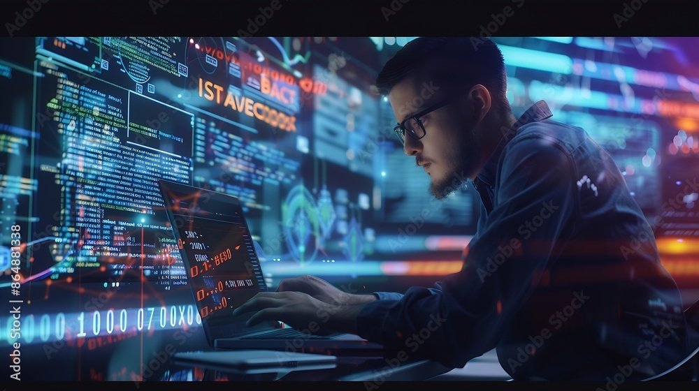 Poster Digital technology concept Man programmer working on laptop for big data management computer code on futuristic virtual interface screen data mining digital software development data s : Generative AI