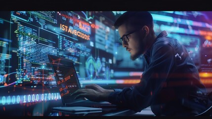 Digital technology concept Man programmer working on laptop for big data management computer code on futuristic virtual interface screen data mining digital software development data s : Generative AI