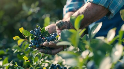 Closeup of a male farmers hand picking blueberry berries Blueberry harvest : Generative AI