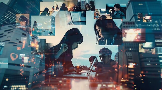 Vertical creative collage poster busy young people business affairs online communication huge laptop social network dialog : Generative AI