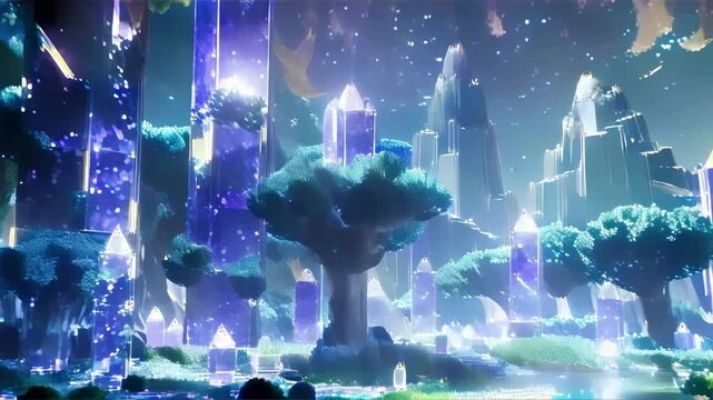 Crystal city with sparkling buildings and shimmering trees, creating a mesmerizing urban landscape.