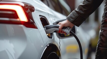 Close-up of a woman's hand charging an EV in a clean energy city.