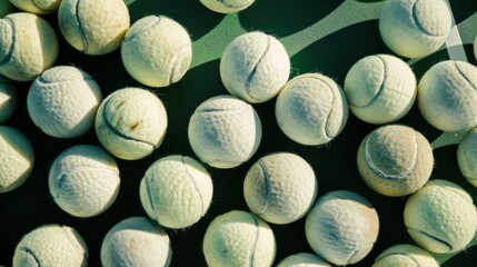 Close-up of the white ball on the court background: the charm of light and shadow on the green background, the white tennis ball and the green court under HD photography