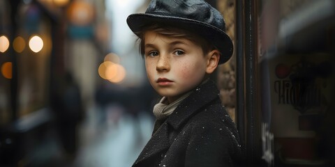 A Portrait of a Young Victorian Boy in the Streets of London. Concept 19th Century Clothing, Historical Reenactment, Vintage Props, Urban Setting