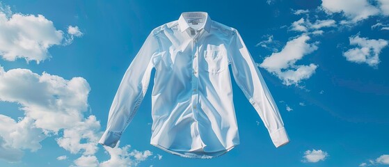 Clean shirt floating on a blue sky background, , upward angle, bright colors