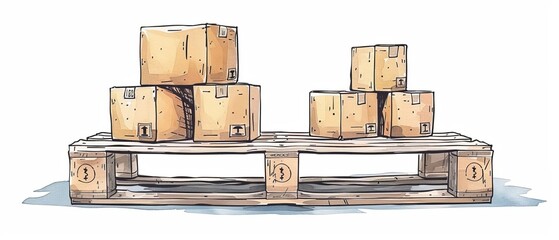 handdrawn  Stacks of cardboard boxes on a wooden pallet, some with shipping labels, in a warehouse or storage facility setting