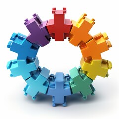 Naklejka premium A 3D icon illustrating strategy, with a group of gears forming a circle around a central gear, symbolizing teamwork and coordination. The design is colorful and dynamic, ideal for marketing and
