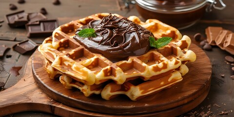 Decadent Belgian Waffles with Chocolate Spread and American-Style Waffles. Concept Waffles, Decadent Treats, Belgian Cuisine, Chocolate Spreads, American Style