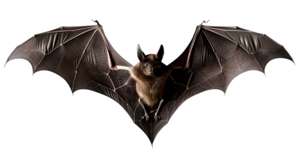 A bat with outstretched wings on a white PNG background, showcasing detailed features and a dark,graphic design and educational uses, the image highlights the bat's anatomy and wing structure.