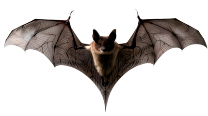 A bat with outstretched wings on a white PNG background, showcasing detailed features and a dark,graphic design and educational uses, the image highlights the bat's anatomy and wing structure.