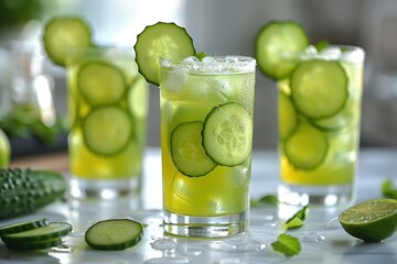 A refreshing cucumber gin fizz cocktail in a highball glass, with gin, cucumber slices, lime juice, simple syrup, and soda water. 