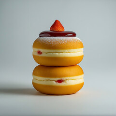Two tasty Donut, dessert with Stuffed with Strawberry jam,  sprinkles with icing sugar ,  glazed with chocolate sauce, on top fresh with strawberry on white background.