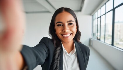 Smiling businesswoman taking a selfie in the office