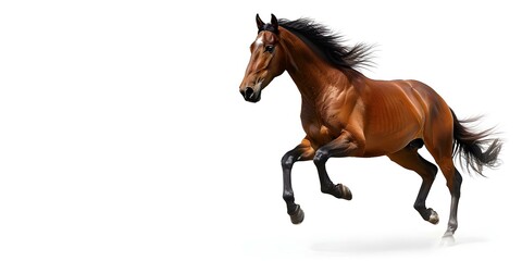 Obraz premium Brown horse running on a white background. Concept Animals, Equine Photography, Action Shots, White Background, Natural Beauty