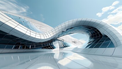 Fototapeta premium Modern, futuristic white building with curved walls and glass facade. Concept of contemporary architecture, design, and innovation.