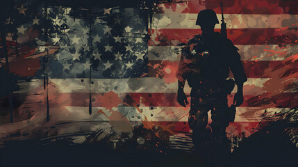american flag with silhouette soldier background,generative ai