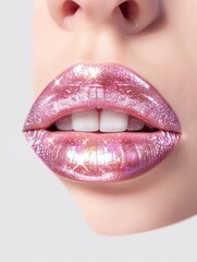 Obraz premium Close-up of glossy pink lips with sparkly glitter, perfect for beauty or makeup concept and fashion industry.