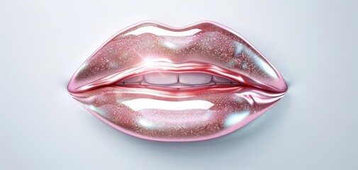 Fototapeta premium Close-up of glossy, metallic pink 3D lips against a white background, showcasing beauty and glamour with an artistic touch.