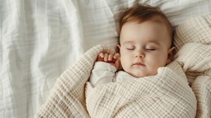 Newborn baby swaddled in a soft blanket, peacefully sleeping, gentle lighting, innocence, first days of life, tender moment
