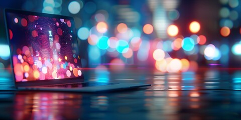 Open laptop with vibrant bokeh lights, and cityscape reflections. Modern technology concept with a colorful out-of-focus background.