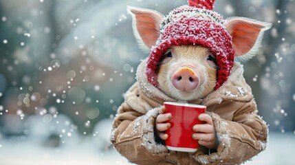 Pig in winter style costume, coat, scarf, holding coffe cup, winter snow background