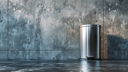 A sleek, stainless steel trashcan against a concrete wall.